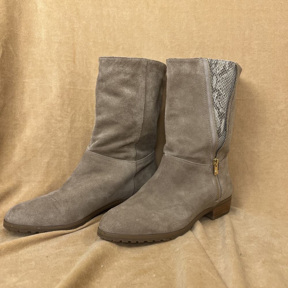 Michael Kors Tan Suede Booties With Peek A Boo Snake Skin Gold Zipper Sz‎  10